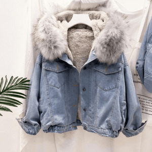 The Fur Accent Denim | Women's Big Fur Collar Loose Short Denim Jacket FD - Negative Apparel