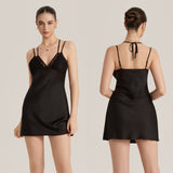 The Halter Seduction | Solid Color Lace Halter Tie - Strap Mini Satin Sleep Dress - Negative Apparel