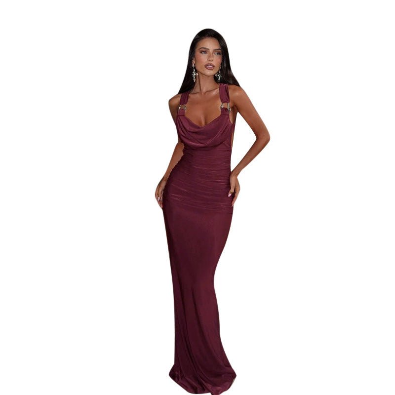The Halter Seduction | Solid Color Pocket Collar Halter Maxi Hip - Wrap Dress - Negative Apparel