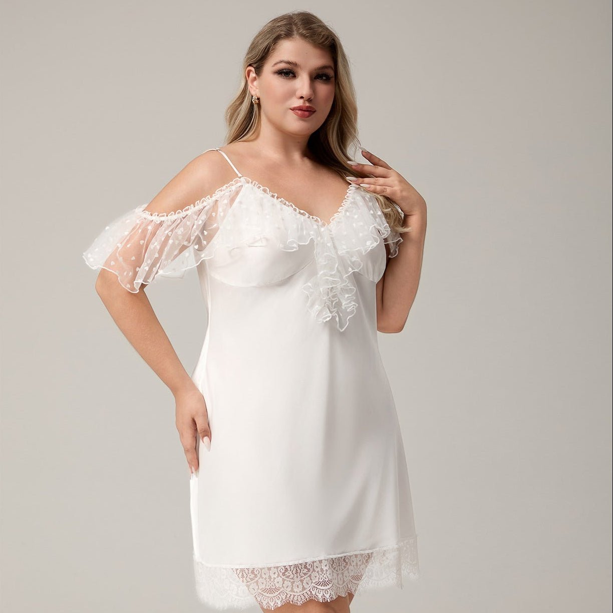 The Ice Silk Allure | White Lace Strap Mini Sleep Dress - Negative Apparel