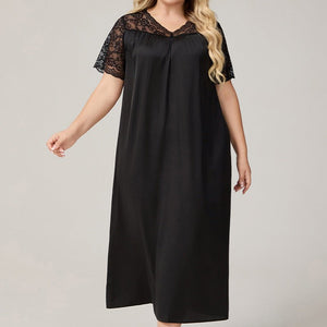 The Ice Silk Elegance | Solid Color V - Neck Short - Sleeve Maxi Sleep Dress - Negative Apparel
