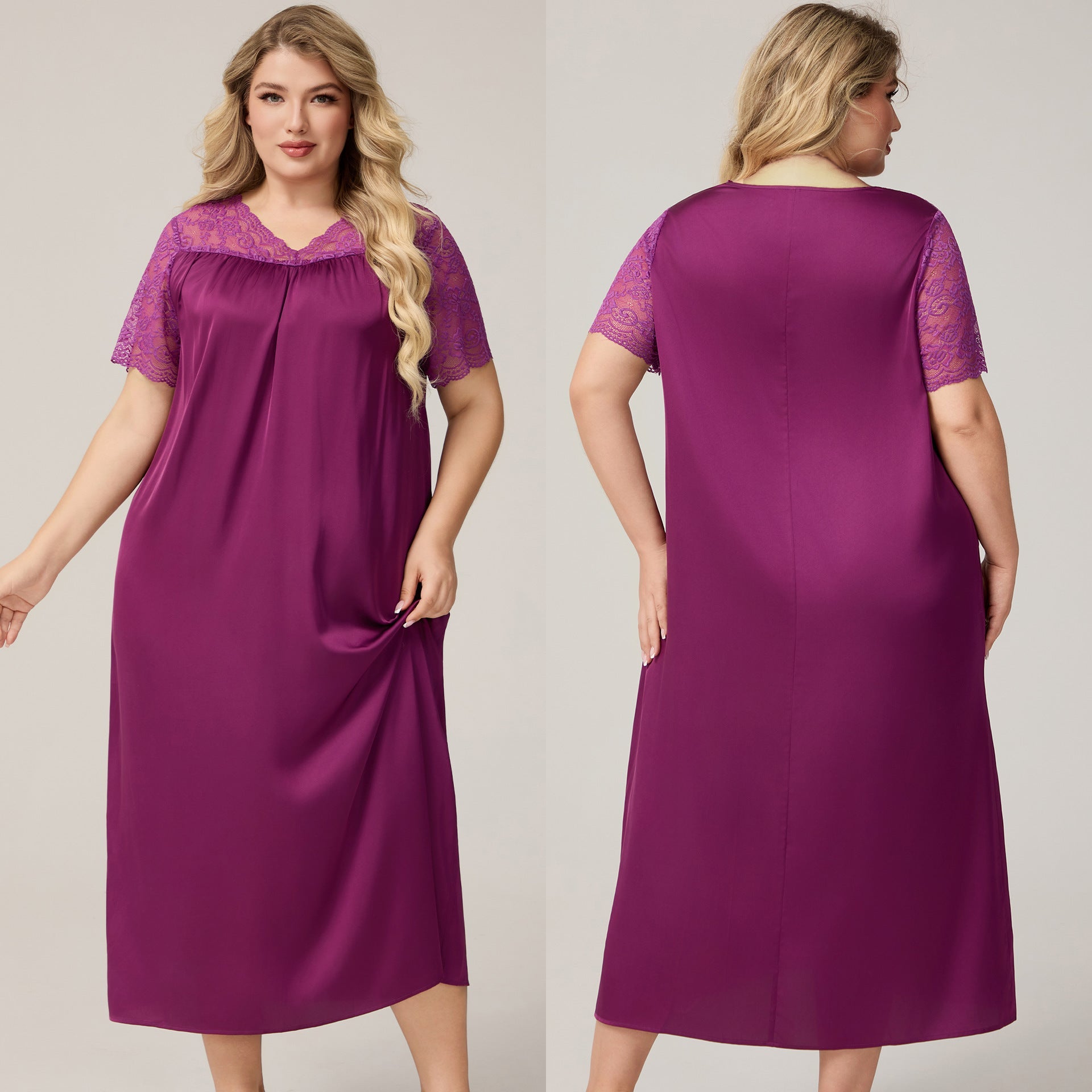 The Ice Silk Elegance | Solid Color V - Neck Short - Sleeve Maxi Sleep Dress - Negative Apparel