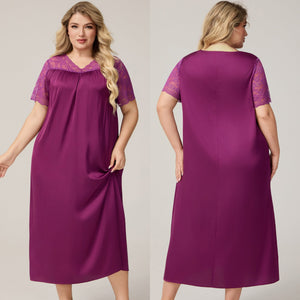The Ice Silk Elegance | Solid Color V - Neck Short - Sleeve Maxi Sleep Dress - Negative Apparel