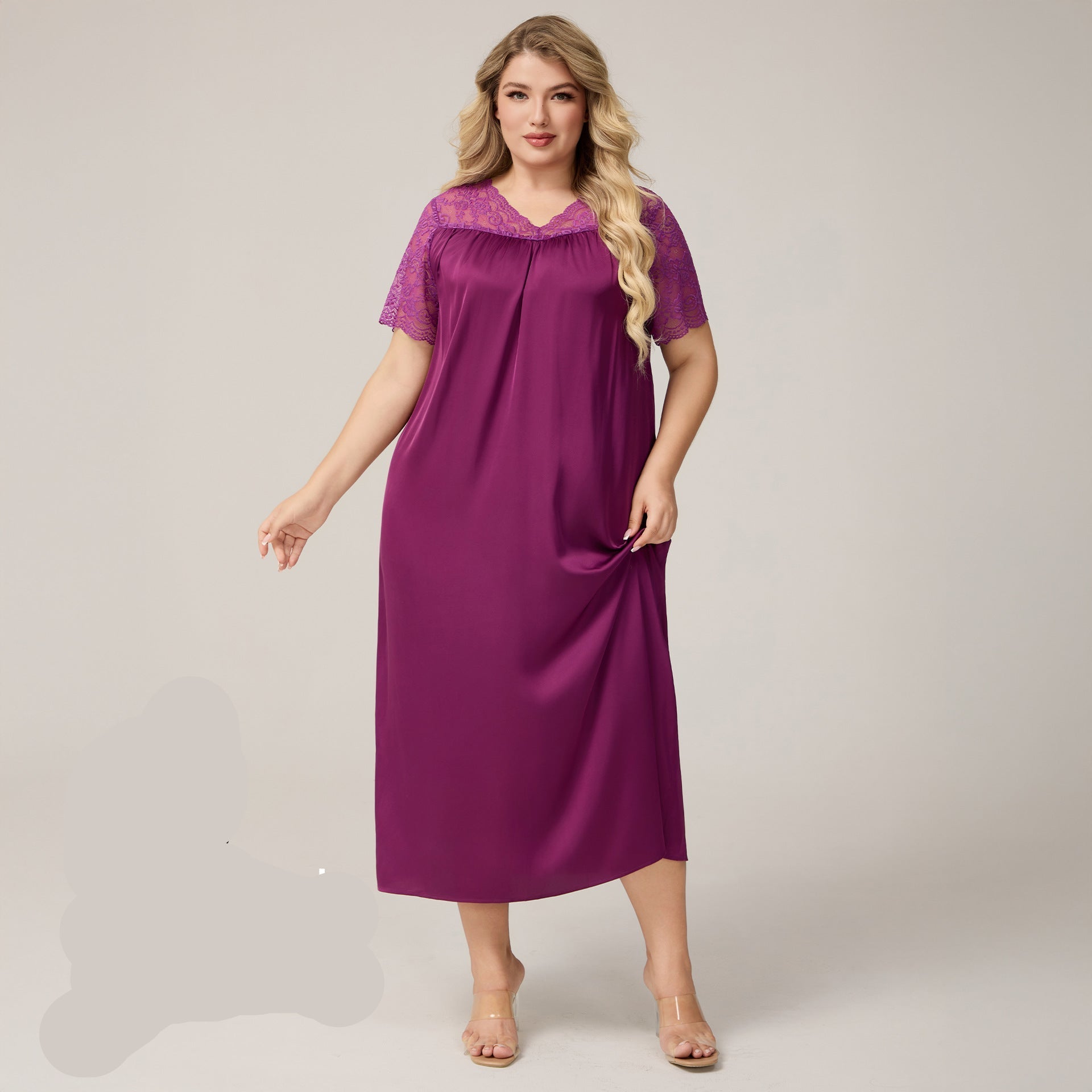 The Ice Silk Elegance | Solid Color V - Neck Short - Sleeve Maxi Sleep Dress - Negative Apparel