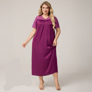 The Ice Silk Elegance | Solid Color V - Neck Short - Sleeve Maxi Sleep Dress - Negative Apparel