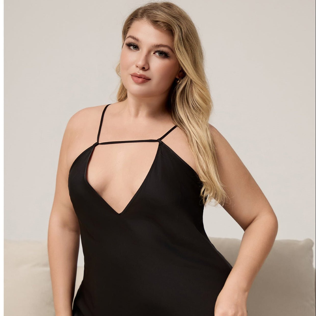 The Ice Silk Temptation | Black Strap V - Neck Mini Sleep Dress - Negative Apparel