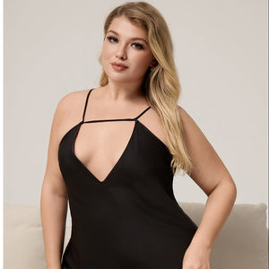 The Ice Silk Temptation | Black Strap V - Neck Mini Sleep Dress - Negative Apparel