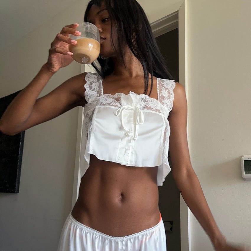 The Ivory Muse | Sleeveless Knitted Lace & Faux Silk 2 - Piece Set - Negative Apparel