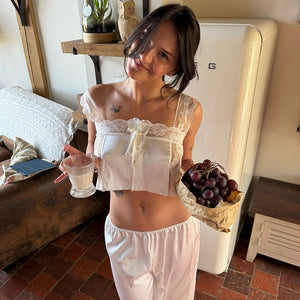 The Ivory Muse | Sleeveless Knitted Lace & Faux Silk 2 - Piece Set - Negative Apparel