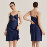 The Lace Allure | Solid Color Lace Patchwork Satin Midi Slip Sleep Dress - Negative Apparel