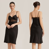 The Lace Allure | Solid Color Lace Patchwork Satin Midi Slip Sleep Dress - Negative Apparel