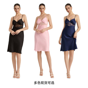 The Lace Allure | Solid Color Lace Patchwork Satin Midi Slip Sleep Dress - Negative Apparel