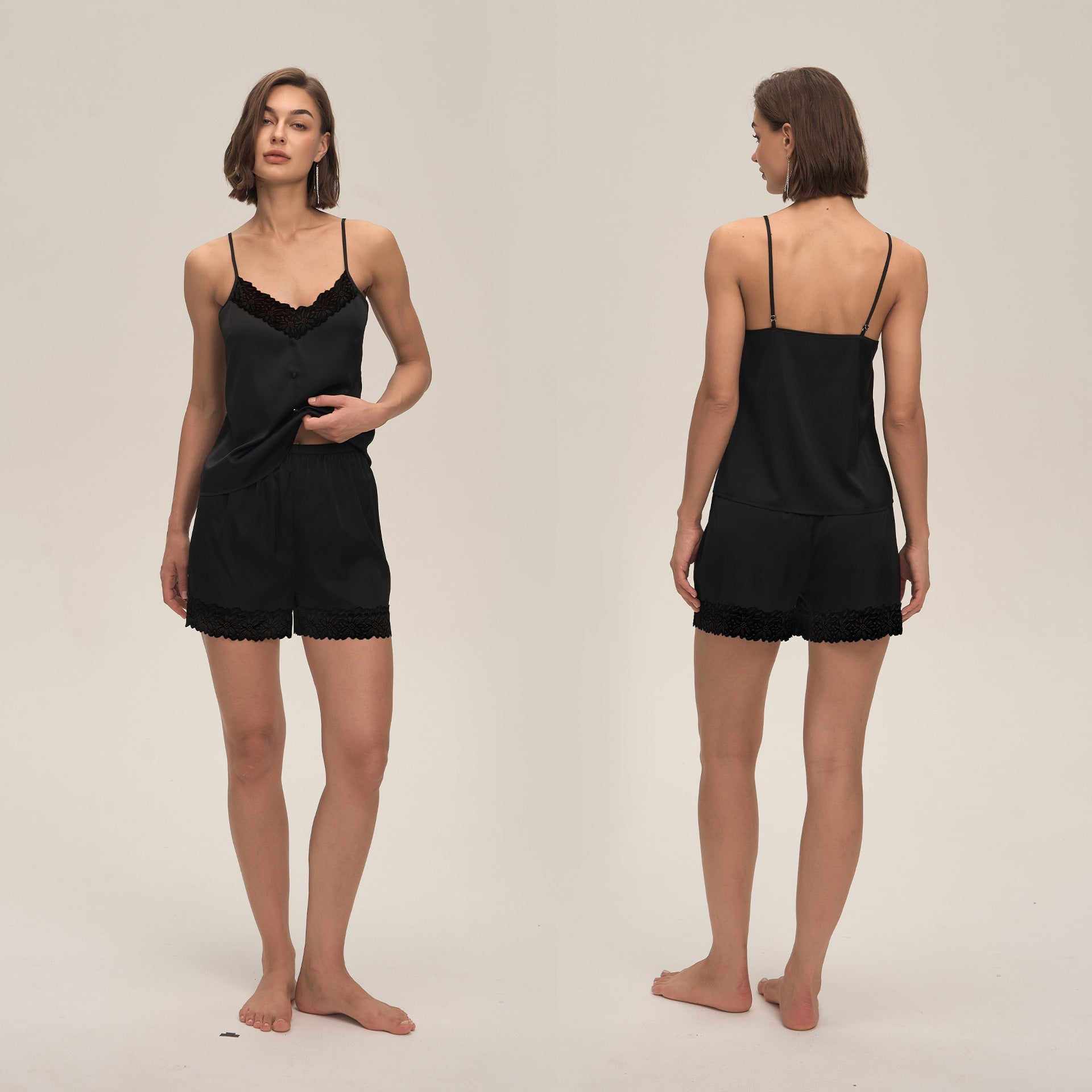 The Lace Breeze | Solid Color Lace Strap Cami & Shorts Sleep Set - Negative Apparel