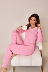 The Lace Charm | Solid Color Lapel Lace Bow Long - Sleeve Pajama Set - Negative Apparel