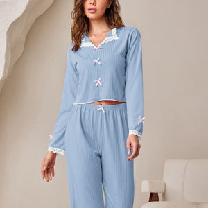 The Lace Charm | Solid Color Lapel Lace Bow Long - Sleeve Pajama Set - Negative Apparel