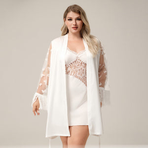 The Lace Elegance | White Satin Lace Short Robe - Negative Apparel