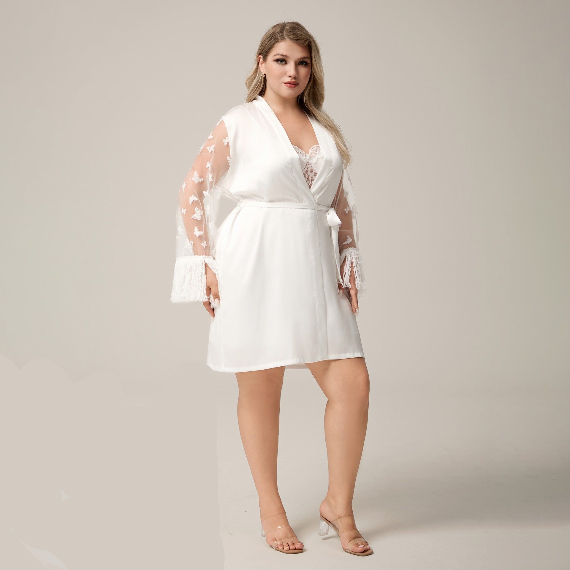 The Lace Elegance | White Satin Lace Short Robe - Negative Apparel
