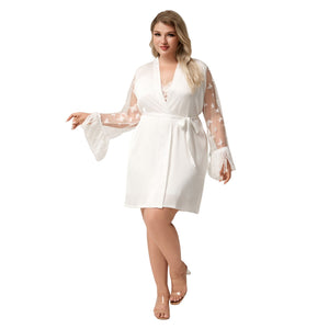 The Lace Elegance | White Satin Lace Short Robe - Negative Apparel