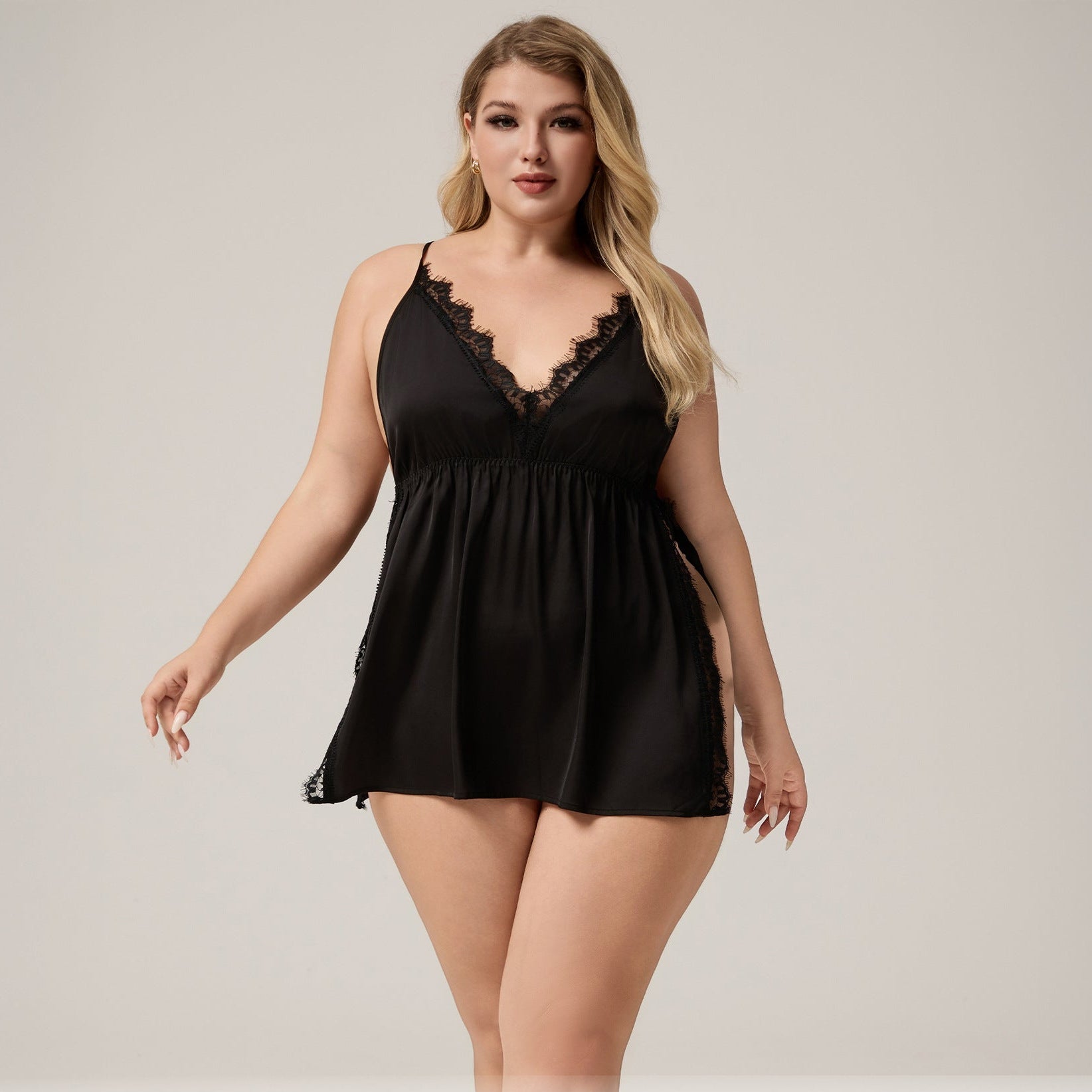 The Lace Seduction | Black Lace Satin Strap Mini Sleep Dress - Negative Apparel