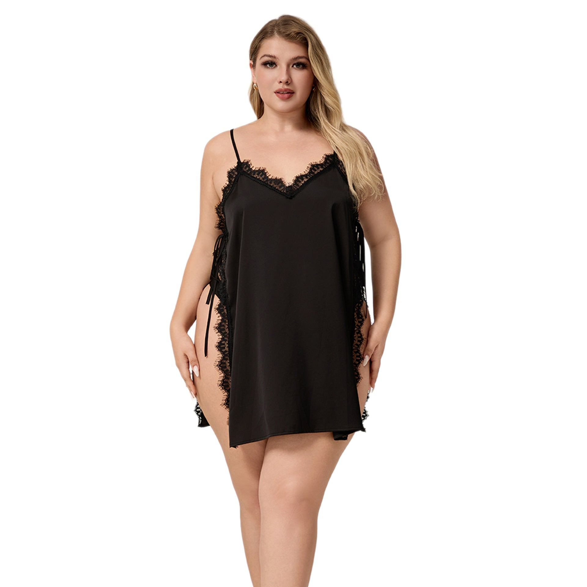 The Lace Seduction | Black Lace Satin Strap Mini Sleep Dress - Negative Apparel