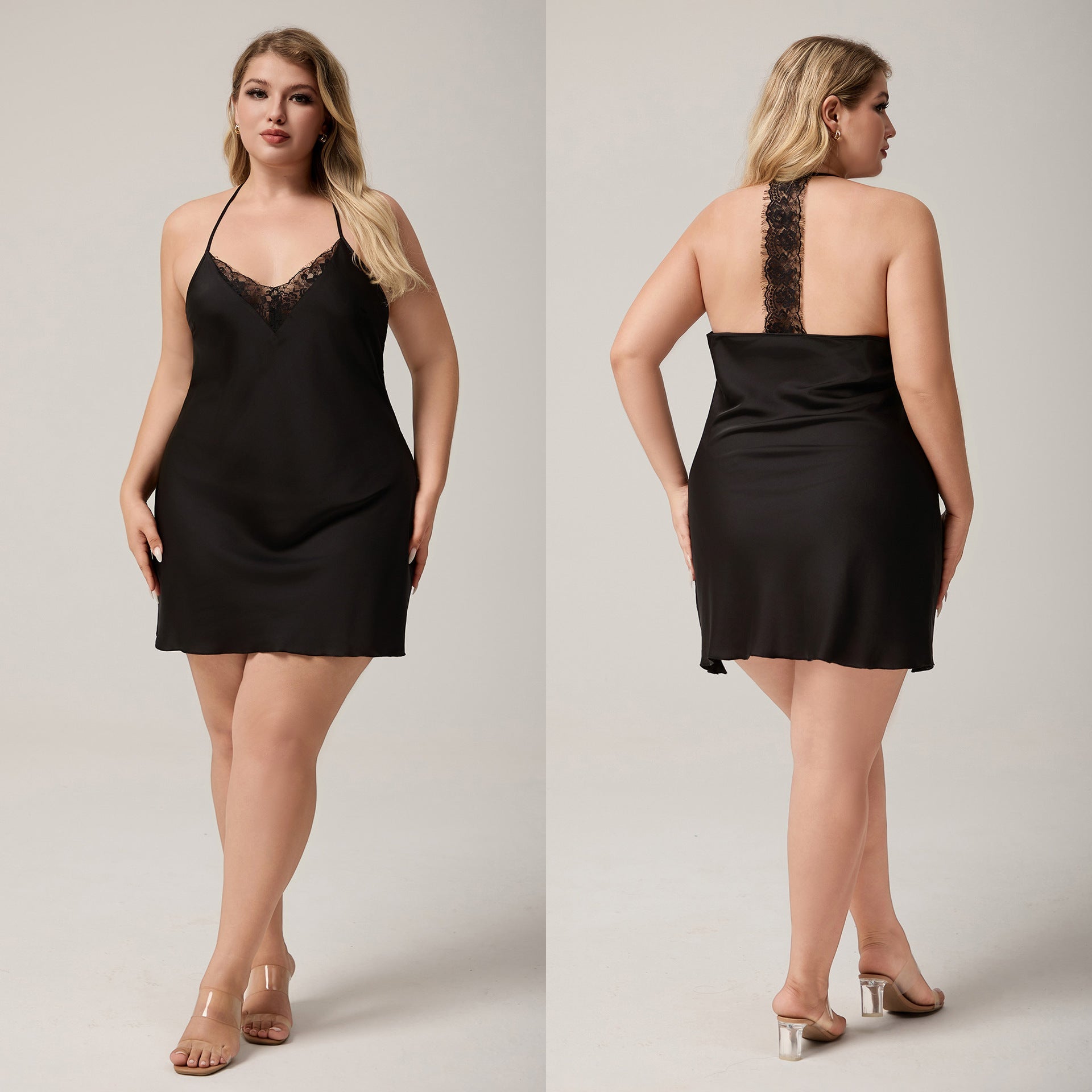 The Lace Seduction | Black Lace Satin Strap Mini Sleep Dress - Negative Apparel