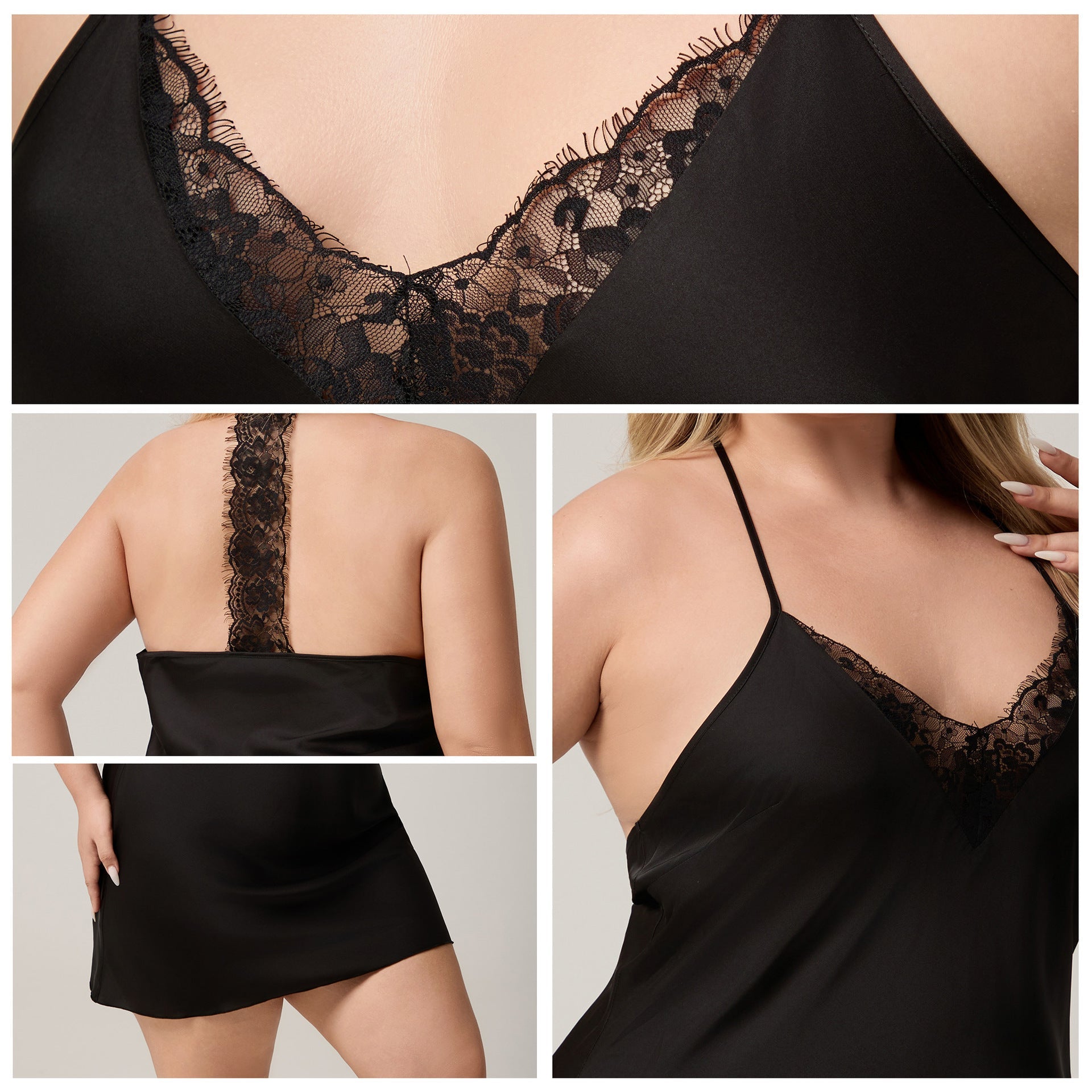 The Lace Seduction | Black Lace Satin Strap Mini Sleep Dress - Negative Apparel