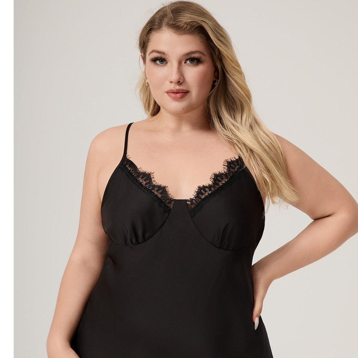 The Lace Seduction | Black Lace Satin Strap Mini Sleep Dress - Negative Apparel