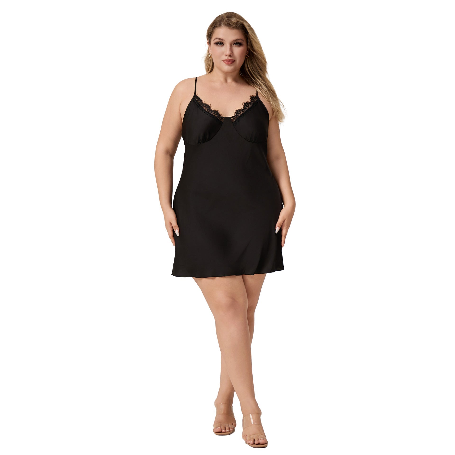 The Lace Seduction | Black Lace Satin Strap Mini Sleep Dress - Negative Apparel