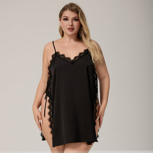 The Lace Seduction | Black Lace Satin Strap Mini Sleep Dress - Negative Apparel