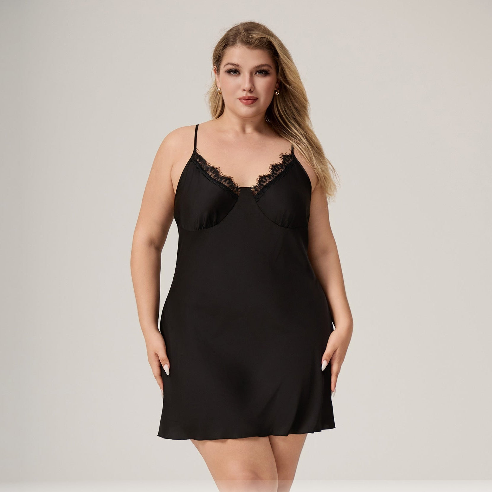 The Lace Seduction | Black Lace Satin Strap Mini Sleep Dress - Negative Apparel