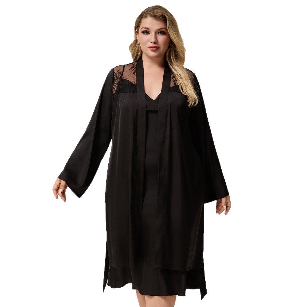 The Lace Seduction | Black Satin Lace Short Robe - Negative Apparel