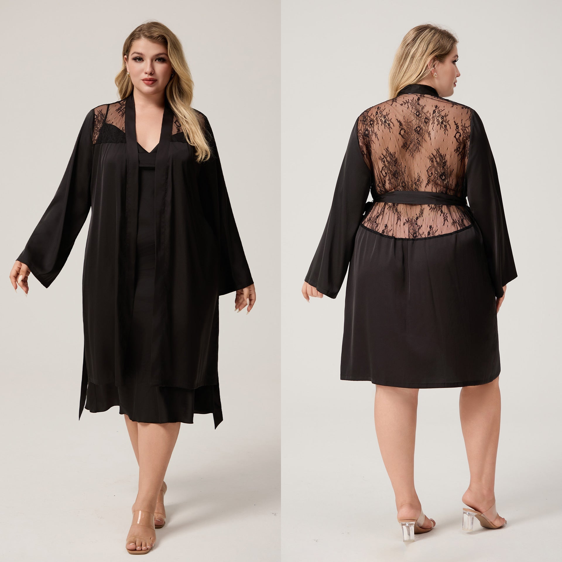 The Lace Seduction | Black Satin Lace Short Robe - Negative Apparel