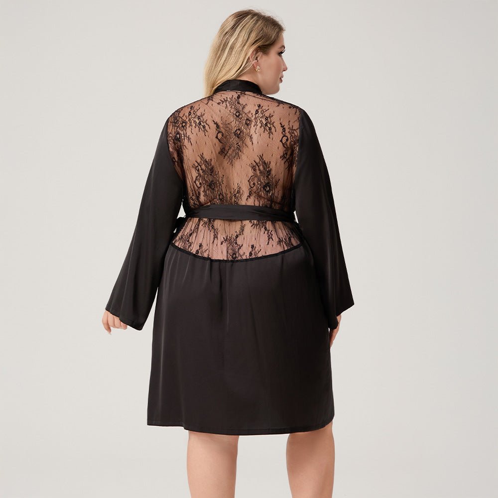 The Lace Seduction | Black Satin Lace Short Robe - Negative Apparel