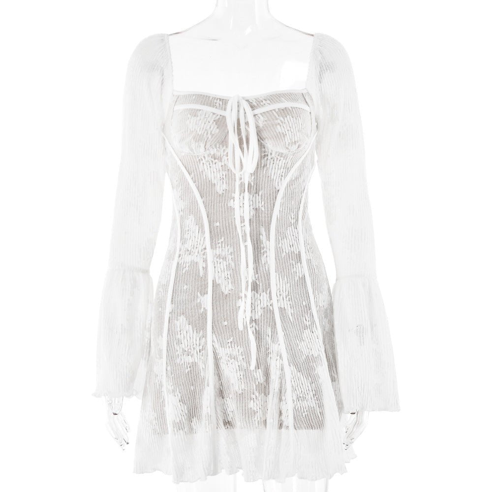 The Lace Spice | Women's Lace Flared Sleeve Backless Hip Mini Dress - Negative Apparel