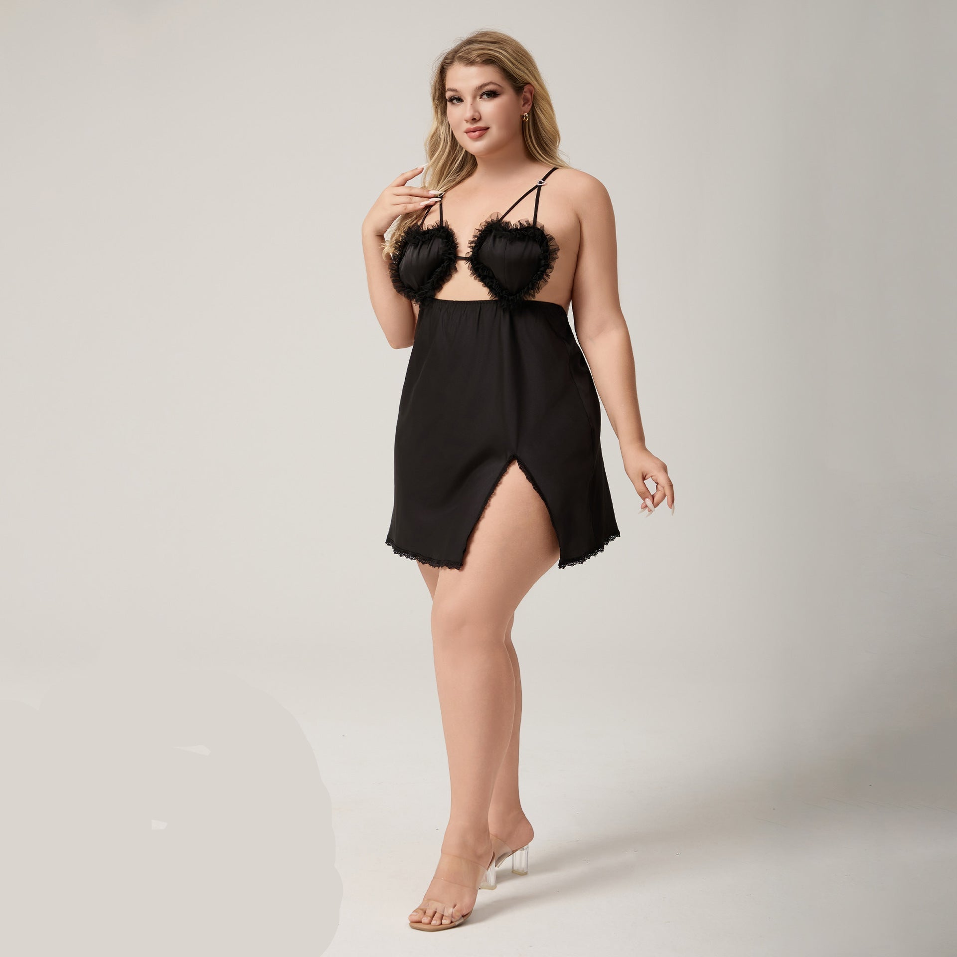 The Lace Temptation | Black Lace Satin Strap Mini Sleep Dress - Negative Apparel