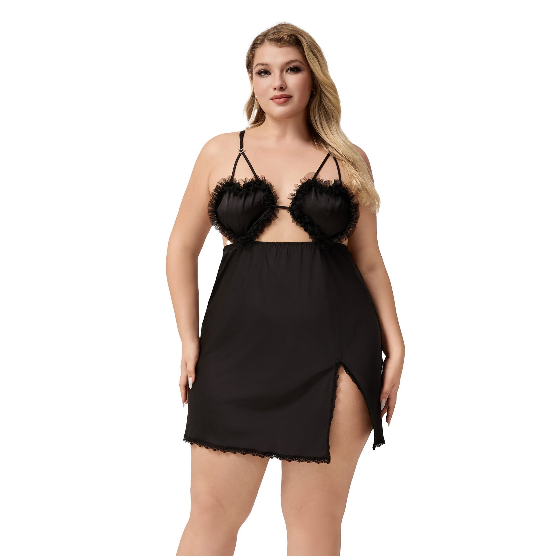 The Lace Temptation | Black Lace Satin Strap Mini Sleep Dress - Negative Apparel