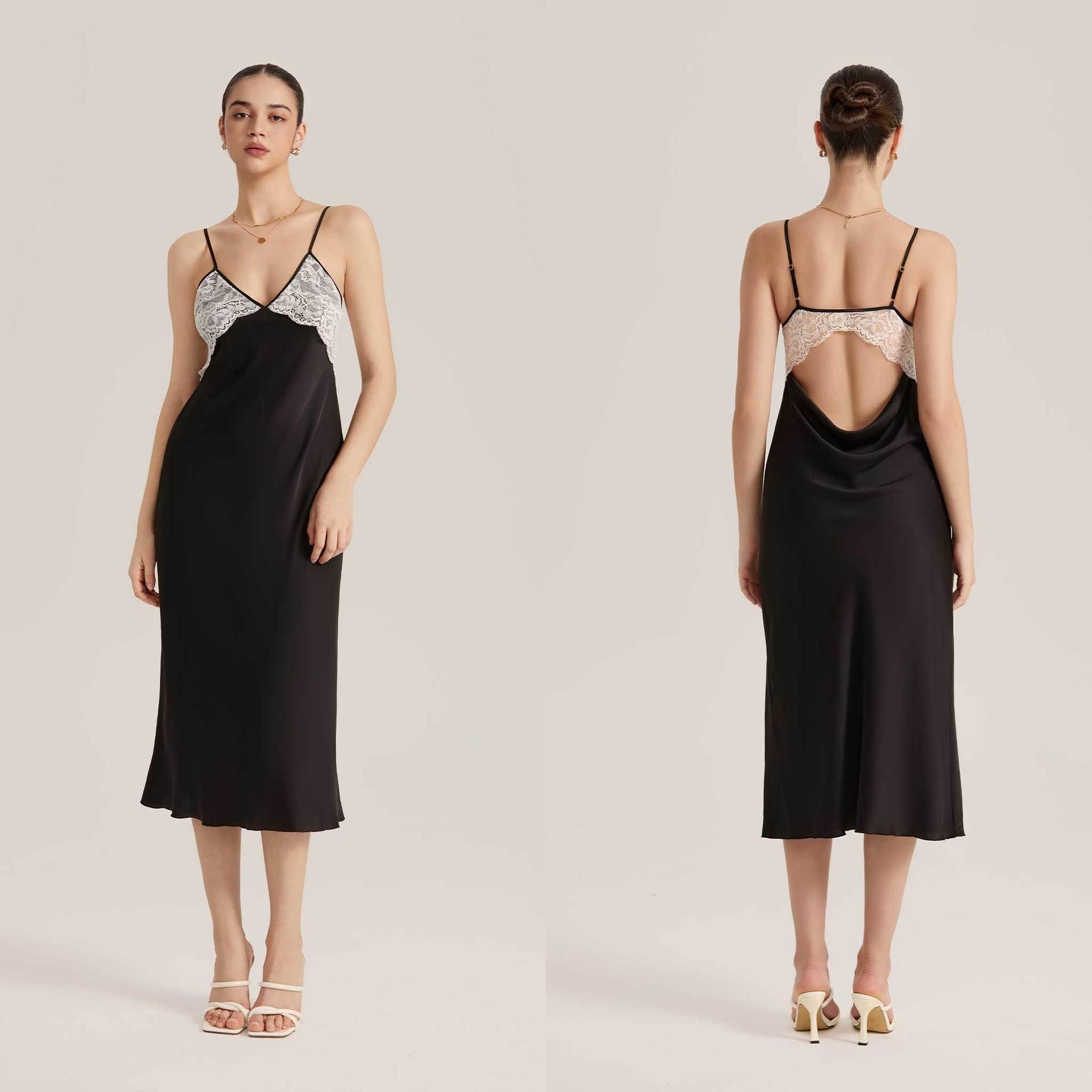 The Lace Temptation | Solid Color Lace Patchwork Backless Satin Maxi Slip Sleep Dress - Negative Apparel