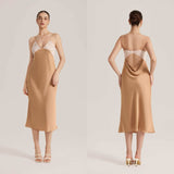 The Lace Temptation | Solid Color Lace Patchwork Backless Satin Maxi Slip Sleep Dress - Negative Apparel