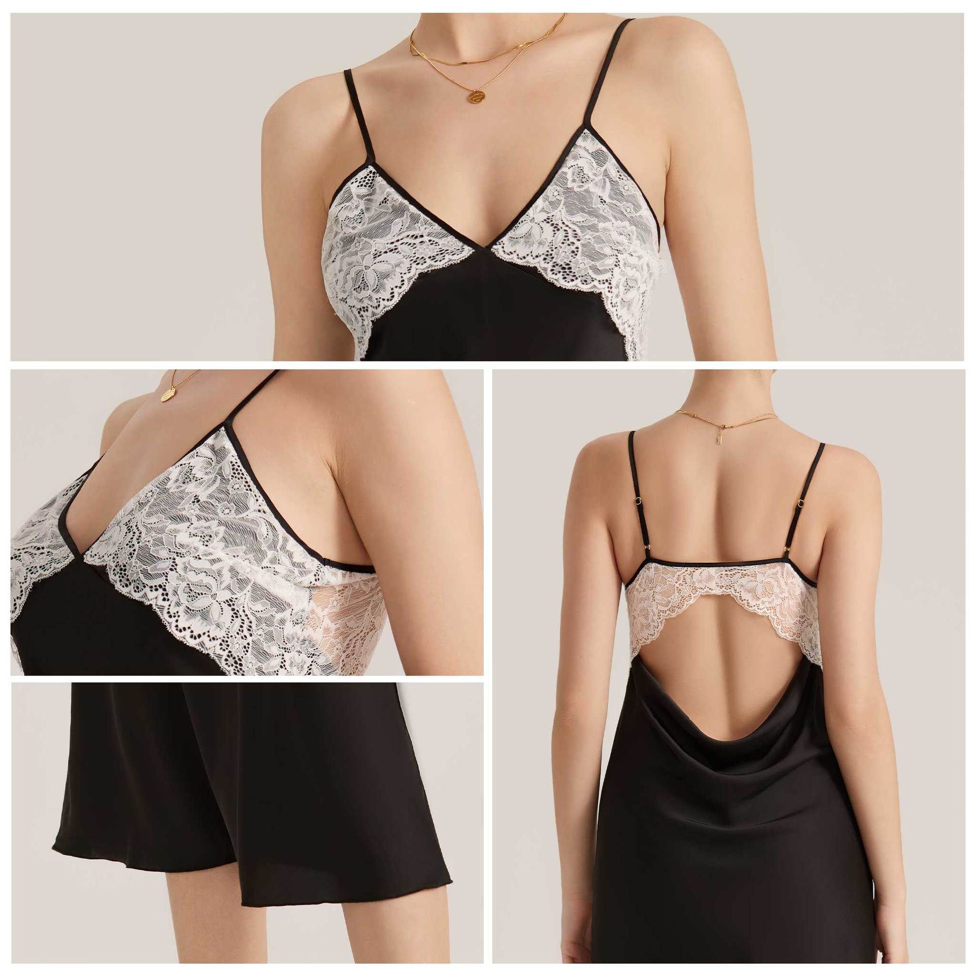 The Lace Temptation | Solid Color Lace Patchwork Backless Satin Maxi Slip Sleep Dress - Negative Apparel