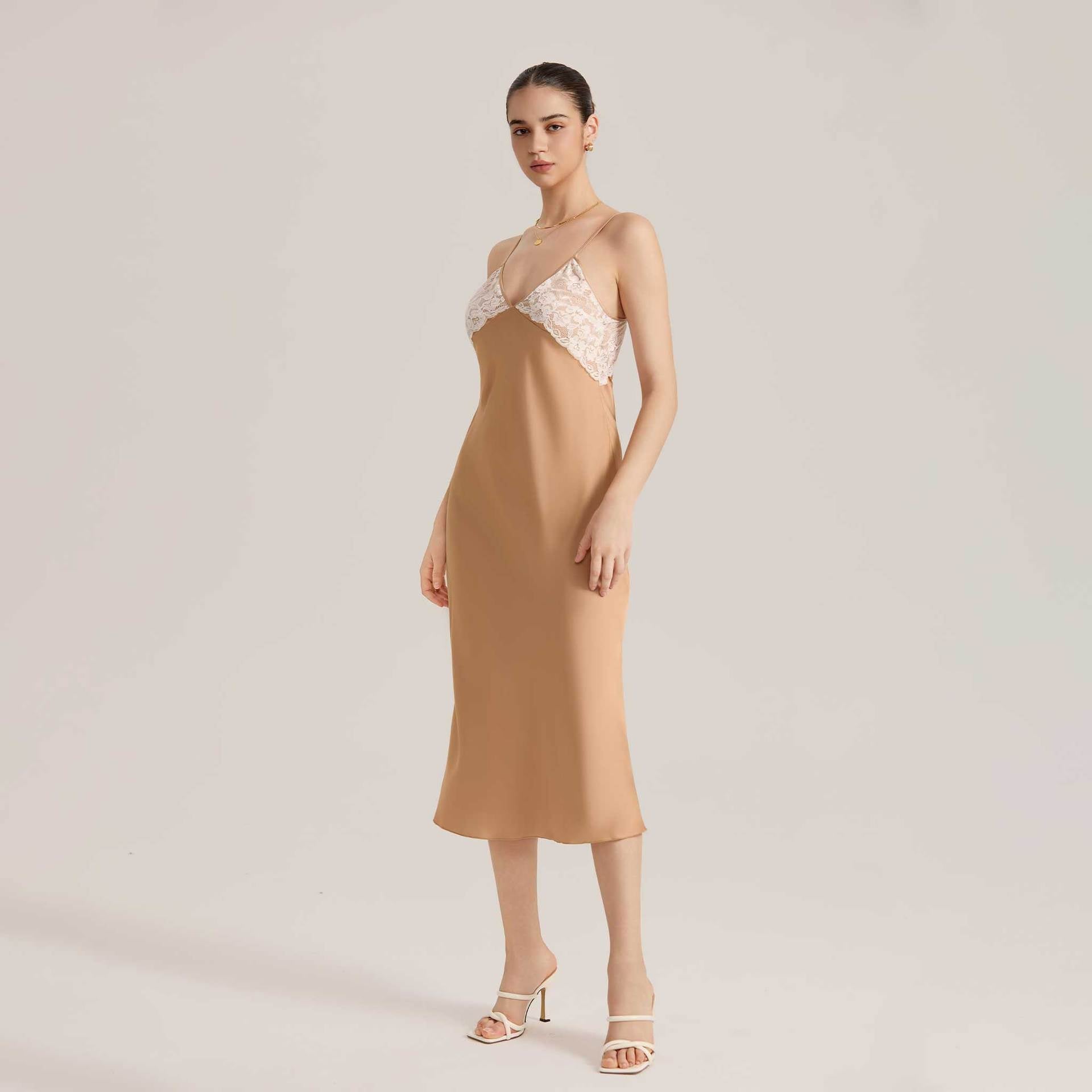 The Lace Temptation | Solid Color Lace Patchwork Backless Satin Maxi Slip Sleep Dress - Negative Apparel