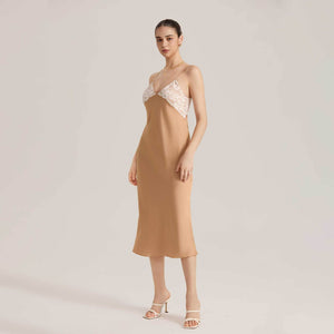 The Lace Temptation | Solid Color Lace Patchwork Backless Satin Maxi Slip Sleep Dress - Negative Apparel