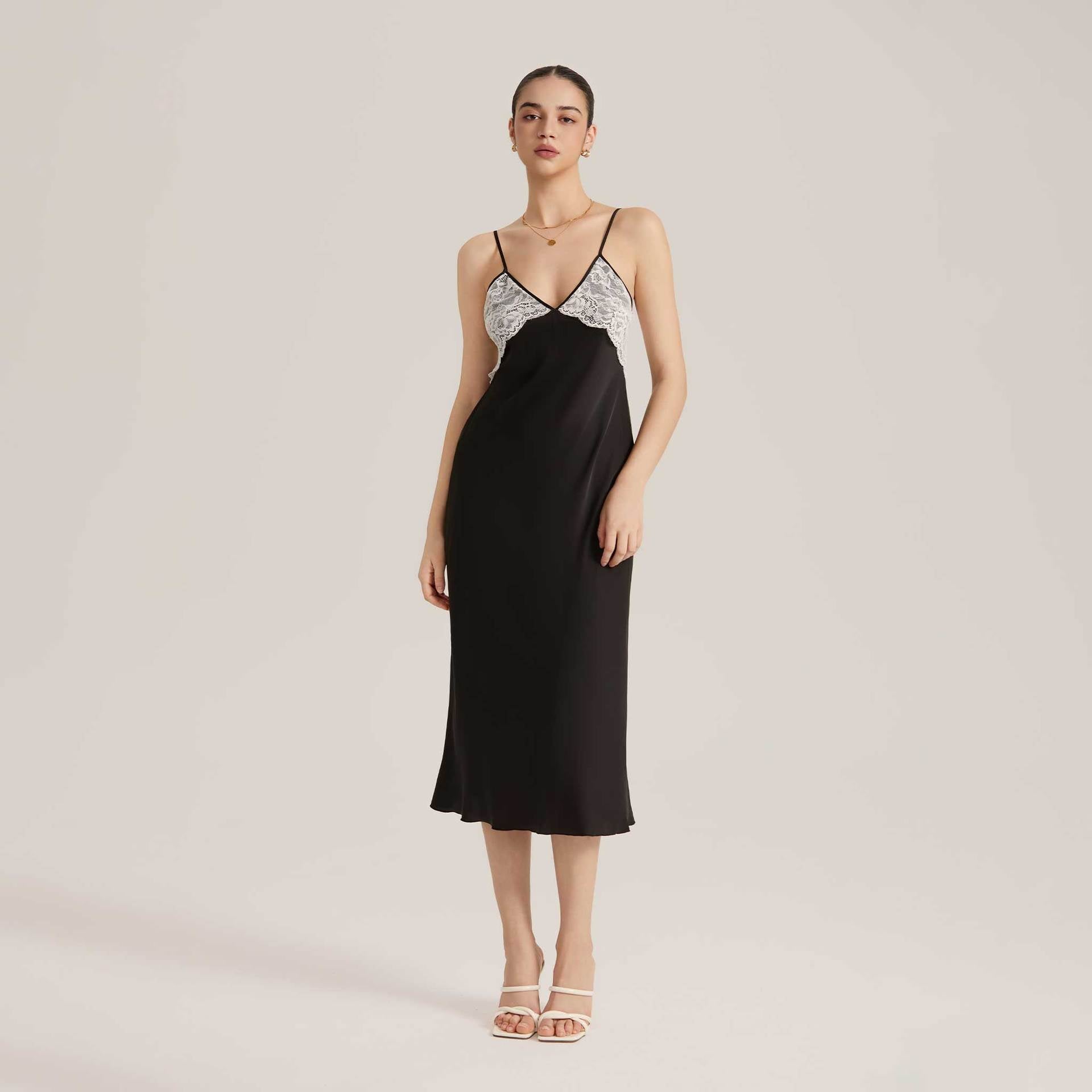 The Lace Temptation | Solid Color Lace Patchwork Backless Satin Maxi Slip Sleep Dress - Negative Apparel