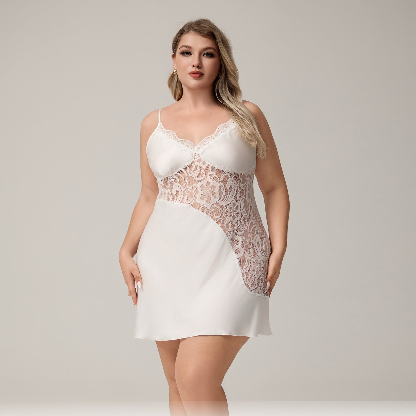 The Lace Whisper | White Lace Satin Strap Mini Sleep Dress - Negative Apparel