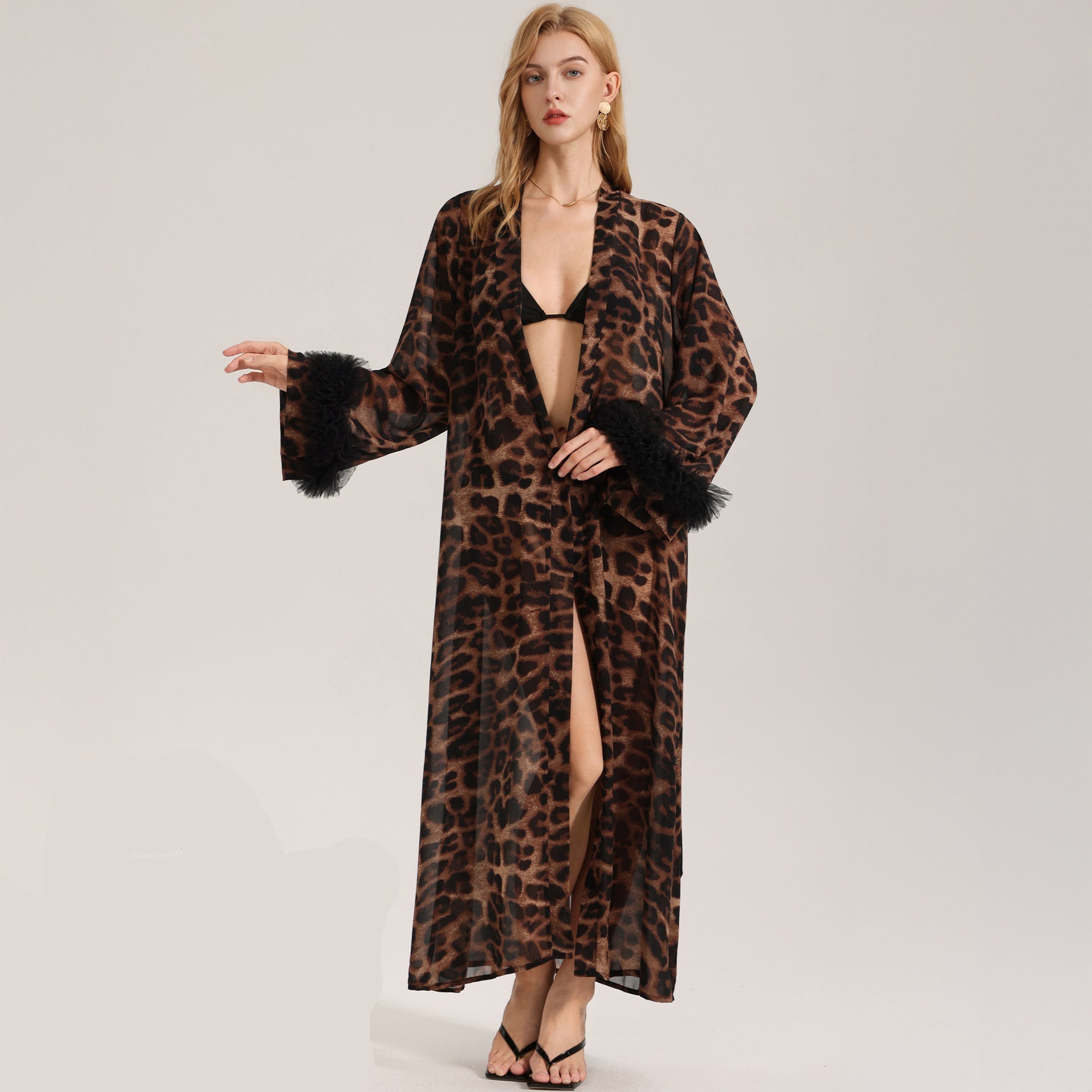 The Leopard Allure | Leopard Print V - Neck Long - Sleeve Satin Robe - Negative Apparel