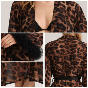 The Leopard Allure | Leopard Print V - Neck Long - Sleeve Satin Robe - Negative Apparel