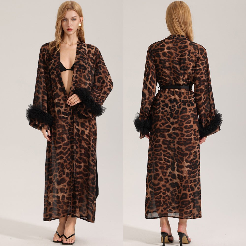 The Leopard Allure | Leopard Print V - Neck Long - Sleeve Satin Robe - Negative Apparel