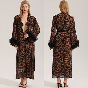 The Leopard Allure | Leopard Print V - Neck Long - Sleeve Satin Robe - Negative Apparel