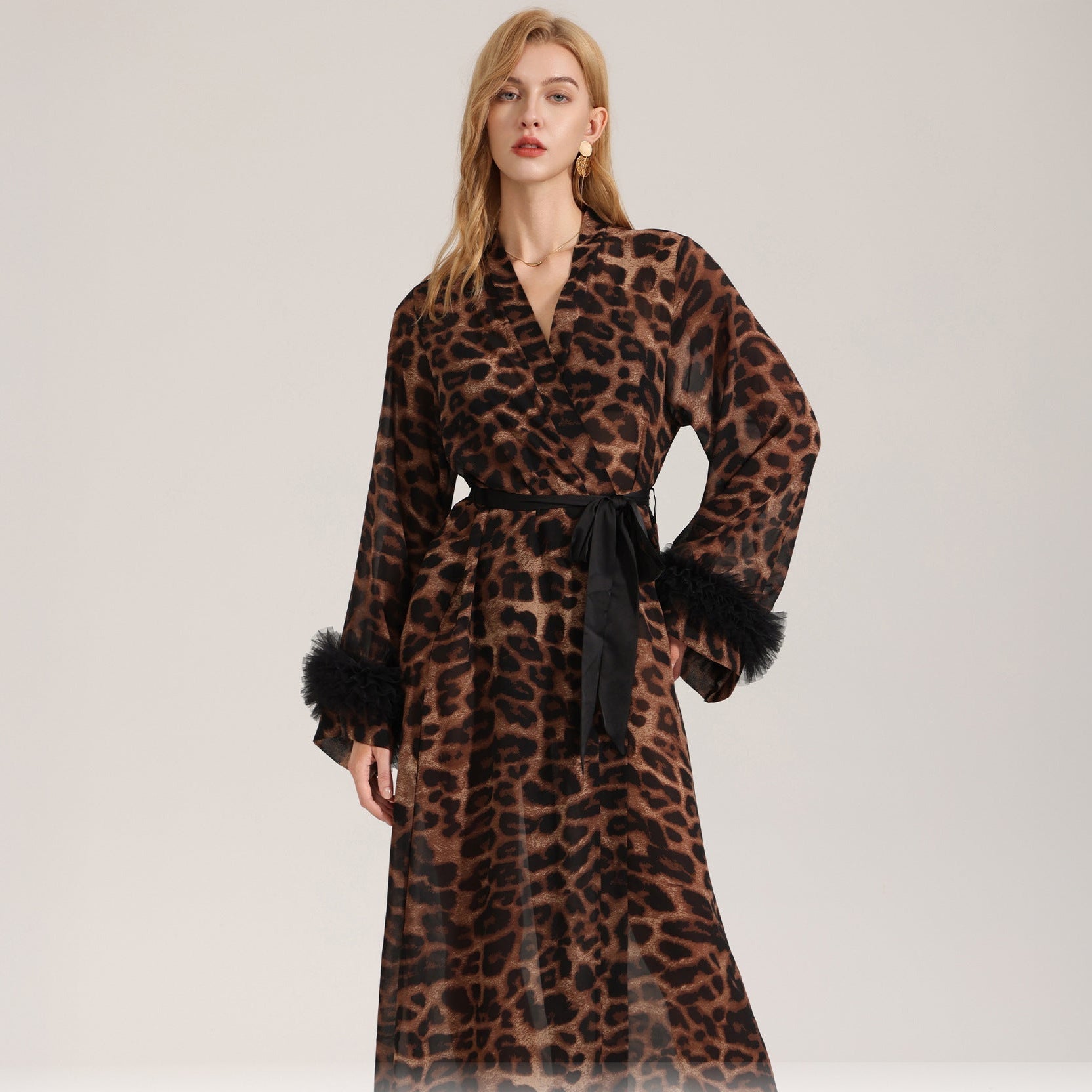 The Leopard Allure | Leopard Print V - Neck Long - Sleeve Satin Robe - Negative Apparel