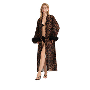 The Leopard Allure | Leopard Print V - Neck Long - Sleeve Satin Robe - Negative Apparel