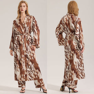 The Leopard Luxe | Women's Leopard Print Satin Long Robe - Negative Apparel